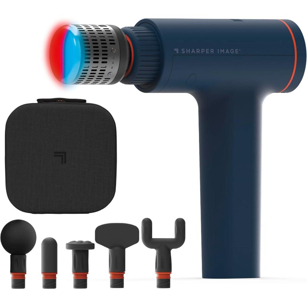 image:imageSharper Image Deep Tissue Percussion Massage Gun Powerboost Versa Hot amp Cold Rechargeable Handheld Massager 5 Adjustable Speeds 6 Attachment Heads amp Carrying Case for Muscle Pain Relief BlueVersa Hot  Cold  Navy