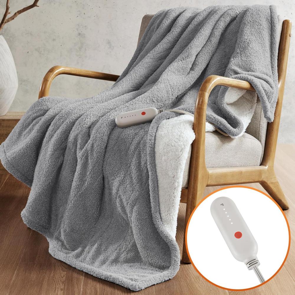 image:imageSharper Image Heated Blanket Eletric Throw Blanket Soft Warm Reversible Feathersoft  Sherpa Heating Blanket Throw 5 Lv Heating 3 hr Auto Shut Off ETLCert Machine Washable 50x60 Brown GeoGrey