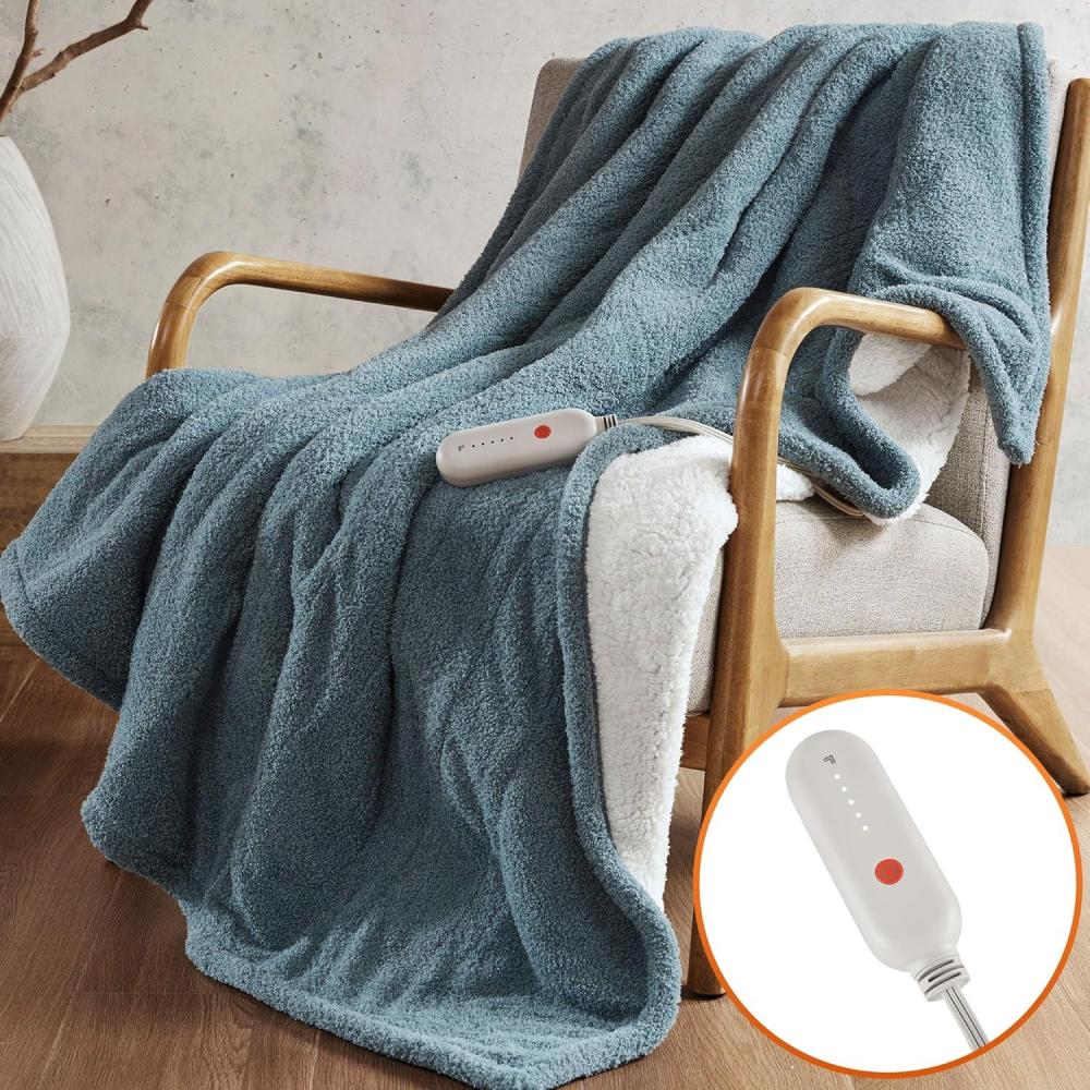 image:imageSharper Image Heated Blanket Eletric Throw Blanket Soft Warm Reversible Feathersoft  Sherpa Heating Blanket Throw 5 Lv Heating 3 hr Auto Shut Off ETLCert Machine Washable 50x60 Brown GeoBlue