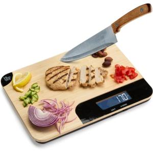 Sharper Image Bamboo Cutting Board & Digital Food Scale, 33 lb Capacity, Measures Grams & Ounces, Multi-Functional for Food Prep, Baking, Dieting, Portion Control, Kitchen Gadgets Gift