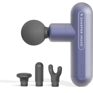 Sharper Image Deep Tissue Percussion Massage Gun, Powerboost Move Evo Hot & Cold Rechargeable Handheld Massager, 4 Adjustable Speeds, 5 Attachment Heads & Carrying Case, for Muscle Pain Relief, Blue(Move – Periwinkle)