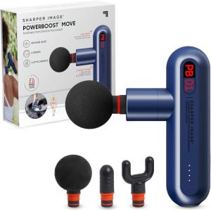 Sharper Image Deep Tissue Percussion Massage Gun, Powerboost Move Evo Hot & Cold Rechargeable Handheld Massager, 4 Adjustable Speeds, 5 Attachment Heads & Carrying Case, for Muscle Pain Relief, Blue(Move – Navy)