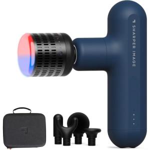 Sharper Image Deep Tissue Percussion Massage Gun, Powerboost Move Evo Hot & Cold Rechargeable Handheld Massager, 4 Adjustable Speeds, 5 Attachment Heads & Carrying Case, for Muscle Pain Relief, Blue(Move Evo Hot & Cold – Navy)