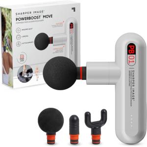 Sharper Image Deep Tissue Percussion Massage Gun, Powerboost Move Evo Hot & Cold Rechargeable Handheld Massager, 4 Adjustable Speeds, 5 Attachment Heads & Carrying Case, for Muscle Pain Relief, Blue(Move – White)