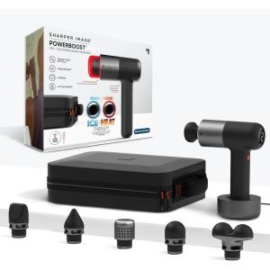 Sharper Image Deep Tissue Percussion Massage Gun, Powerboost Pro+ Hot & Cold Rechargeable Handheld Massager, 6 Adjustable Speeds, 6 Attachment Heads & Carrying Case, Muscle Pain Relief, Black(Pro Plus)