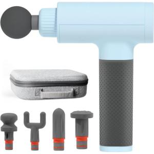 Sharper Image Deep Tissue Percussion Massage Gun, Powerboost Versa Hot & Cold Rechargeable Handheld Massager, 5 Adjustable Speeds, 6 Attachment Heads & Carrying Case, for Muscle Pain Relief, Blue(Deep Tissue – Light Blue)