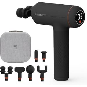 Sharper Image Deep Tissue Percussion Massage Gun, Powerboost Versa Hot & Cold Rechargeable Handheld Massager, 5 Adjustable Speeds, 6 Attachment Heads & Carrying Case, for Muscle Pain Relief, Blue(Max – Black)