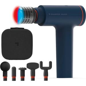 Sharper Image Deep Tissue Percussion Massage Gun, Powerboost Versa Hot & Cold Rechargeable Handheld Massager, 5 Adjustable Speeds, 6 Attachment Heads & Carrying Case, for Muscle Pain Relief, Blue(Versa Hot & Cold – Navy)