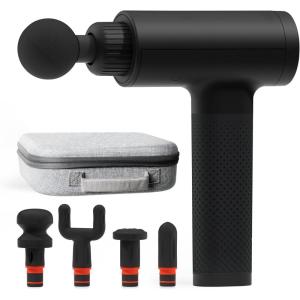 Sharper Image Deep Tissue Percussion Massage Gun, Powerboost Versa Hot & Cold Rechargeable Handheld Massager, 5 Adjustable Speeds, 6 Attachment Heads & Carrying Case, for Muscle Pain Relief, Blue(Deep Tissue – Black)