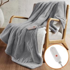 Sharper Image Heated Blanket, Eletric Throw Blanket, Soft, Warm, Reversible Feathersoft – Sherpa Heating Blanket Throw, 5 Lv Heating, 3 hr Auto Shut Off, ETL-Cert, Machine Washable, 50×60 Brown Geo(Grey)
