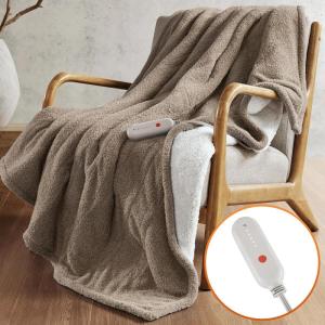 Sharper Image Heated Blanket, Eletric Throw Blanket, Soft, Warm, Reversible Feathersoft – Sherpa Heating Blanket Throw, 5 Lv Heating, 3 hr Auto Shut Off, ETL-Cert, Machine Washable, 50×60 Brown Geo(Brown)