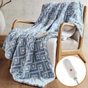 Sharper Image Heated Blanket, Eletric Throw Blanket, Soft, Warm, Reversible Feathersoft – Sherpa Heating Blanket Throw, 5 Lv Heating, 3 hr Auto Shut Off, ETL-Cert, Machine Washable, 50×60 Brown Geo(Blue Geo)