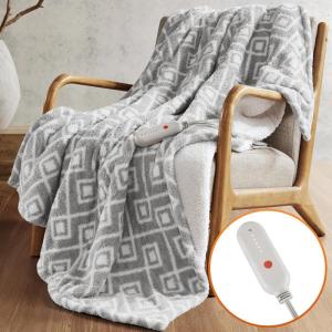 Sharper Image Heated Blanket, Eletric Throw Blanket, Soft, Warm, Reversible Feathersoft – Sherpa Heating Blanket Throw, 5 Lv Heating, 3 hr Auto Shut Off, ETL-Cert, Machine Washable, 50×60 Brown Geo(Grey Geo)