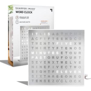 Sharper Image® LED Word Clock Pro with Dimmable Light, 9.45″ Modern Design, & Red 5-Minute Alerts| Electronic Accent Wall & Desk Clock| Contemporary Home & Office Decor| Housewarming Gift(Silver Finish)
