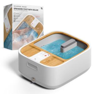Sharper Image® Spahaven Heated Foot Bath – Bubble Jets, Massage Rollers, 105°F, Pumice Stone Callus Remover| XL Foot Soaking Tub| Feet Scrubber| Home Pedicure Foot Spa| Womens Relief & Relaxation Gift(Bamboo)